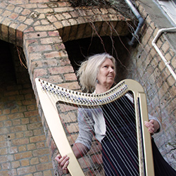 Robyn Sutherland with her gold electric harp Auckland harp player and singer